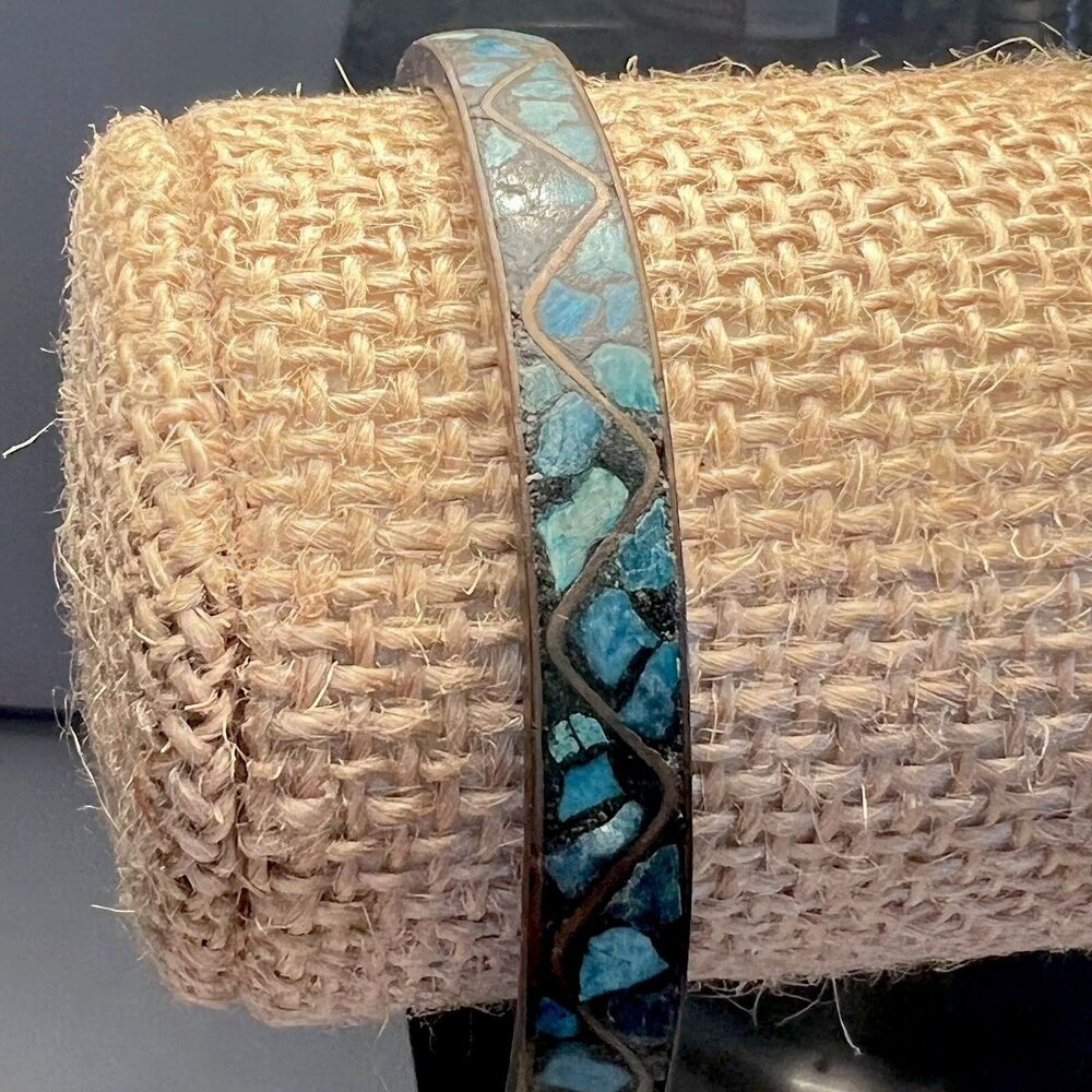 Inlaid Turquoise Colored Stone and Brass Bangle Vintage Tribal Stacking Fits 8"